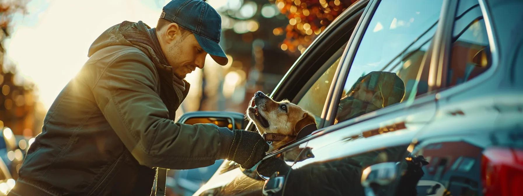 a focused st. louis locksmith efficiently unlocking a car door in an urban setting, with a distressed dog visible inside, highlighting the urgency and expertise in ensuring pet safety during an emergency.