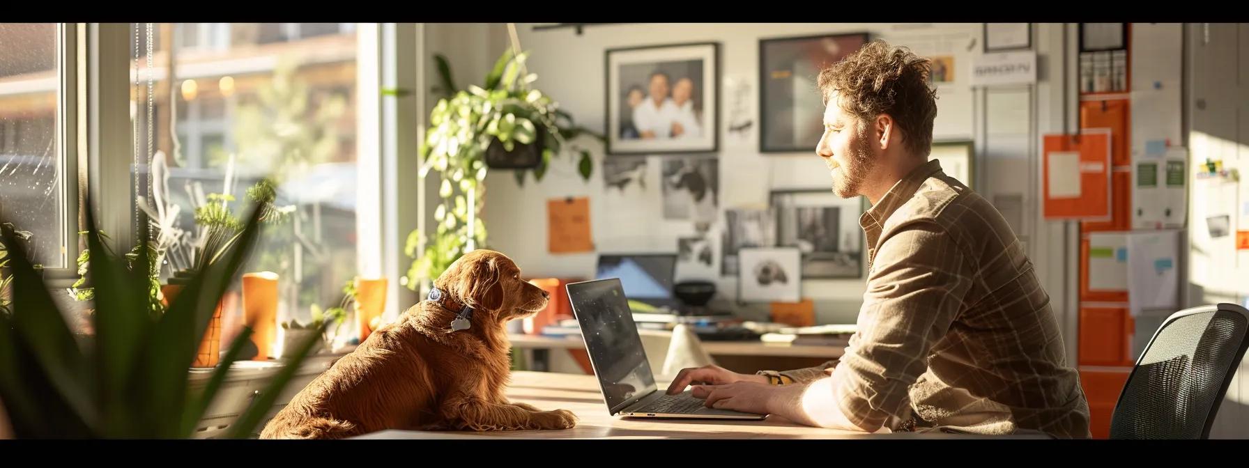 a focused urban setting showcases a st. louis locksmith interacting with a local animal shelter representative within a busy office, collaboratively strategizing over a laptop while a framed photo of a recently reunited pet sits prominently on the desk, symbolizing their community partnership in ensuring pet safety during emergencies.