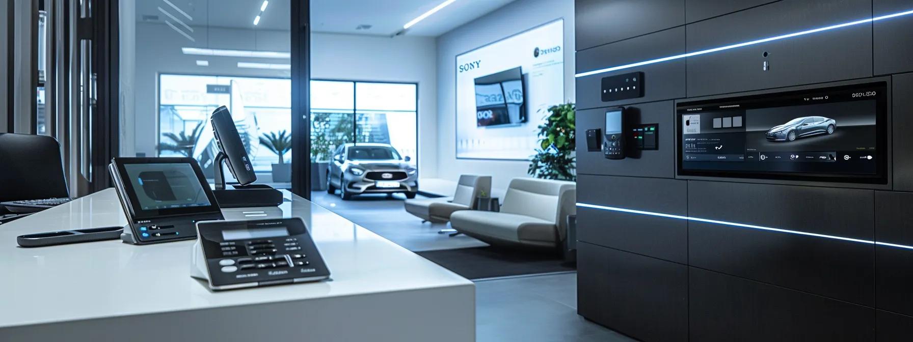 a sleek, modern automotive security system is displayed prominently in a high-tech office environment, showcasing advanced electronic locking mechanisms and smart key technology under bright, focused lighting to emphasize their sophistication and effectiveness against theft.
