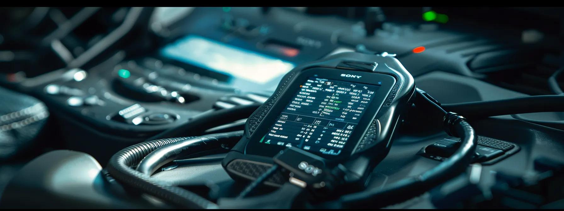 a sleek, modern car interior with a focus on a high-tech ignition system diagnostic tool displaying error codes, capturing the essence of advanced vehicle security technology amidst a professional auto locksmith workshop.