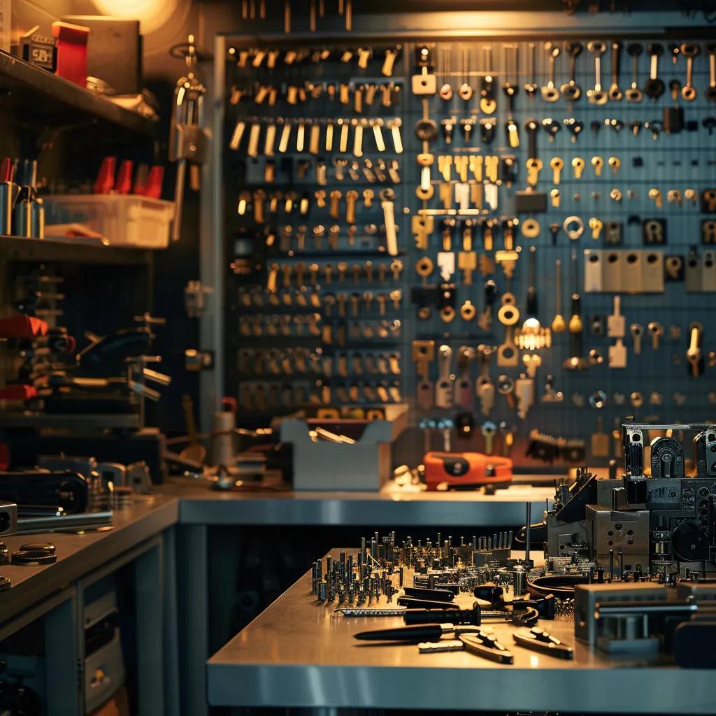 a sleek, modern locksmith shop filled with high-tech tools and gleaming locks, showcasing a professional locksmith diligently working at a polished workstation, highlighting the dedication to job completion.