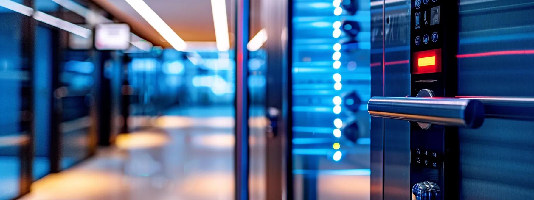 a sleek, modern st. louis locksmith office showcases a row of advanced smart locks and keypad door locks, illuminated by bright overhead lighting, emphasizing the innovative security measures designed to protect pets from emergencies.