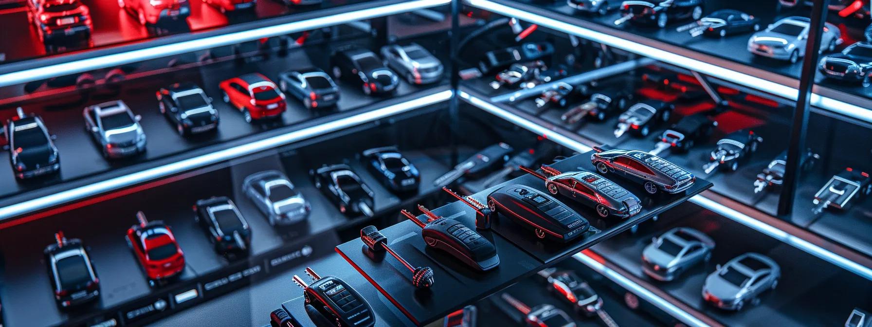 a sleek, modern urban locksmith shop showcases a variety of car key models and high-tech locking mechanisms under bright, focused lighting, emphasizing professionalism and expertise in automotive security solutions.