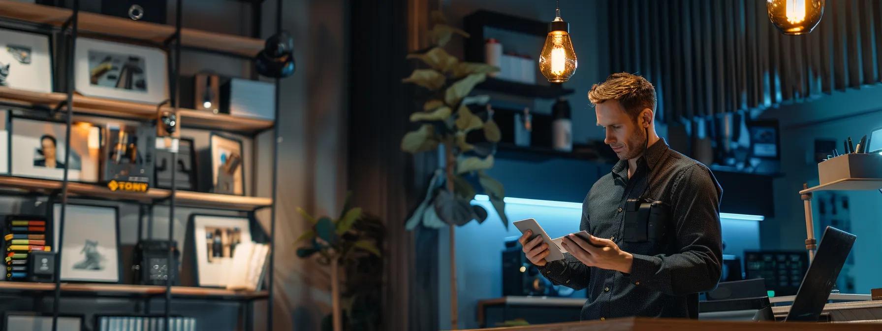 a sleek, modern urban office setting showcases a locksmith using a digital tablet to monitor a gps tracking system, surrounded by high-tech locks and sensors, emphasizing the innovative technology used to reunite lost dogs with their owners.