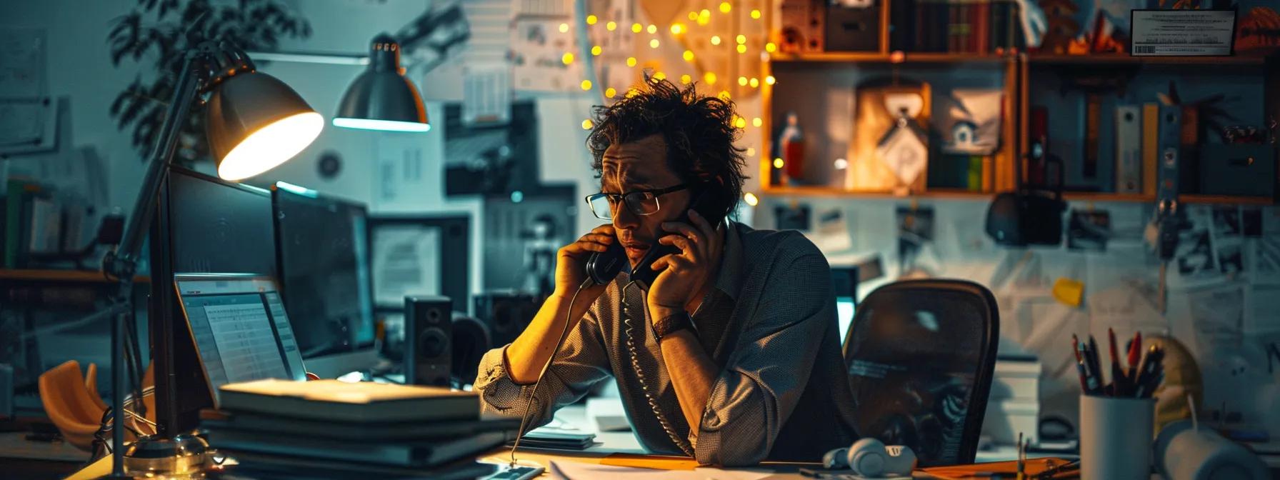 a stressed pet owner stands in a dimly lit urban office, urgently discussing emergency locksmith services over the phone, surrounded by a backdrop of a sleek desk cluttered with dog-related items and a computer displaying local locksmith listings.